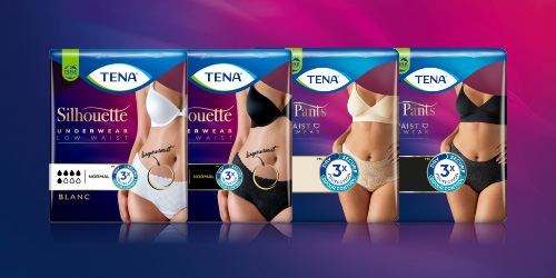 Balení spodního prádla TENA Silhouette, zobrazené ve třech variantách. Balení spodního prádla TENA Silhouette, zobrazené ve třech variantách.